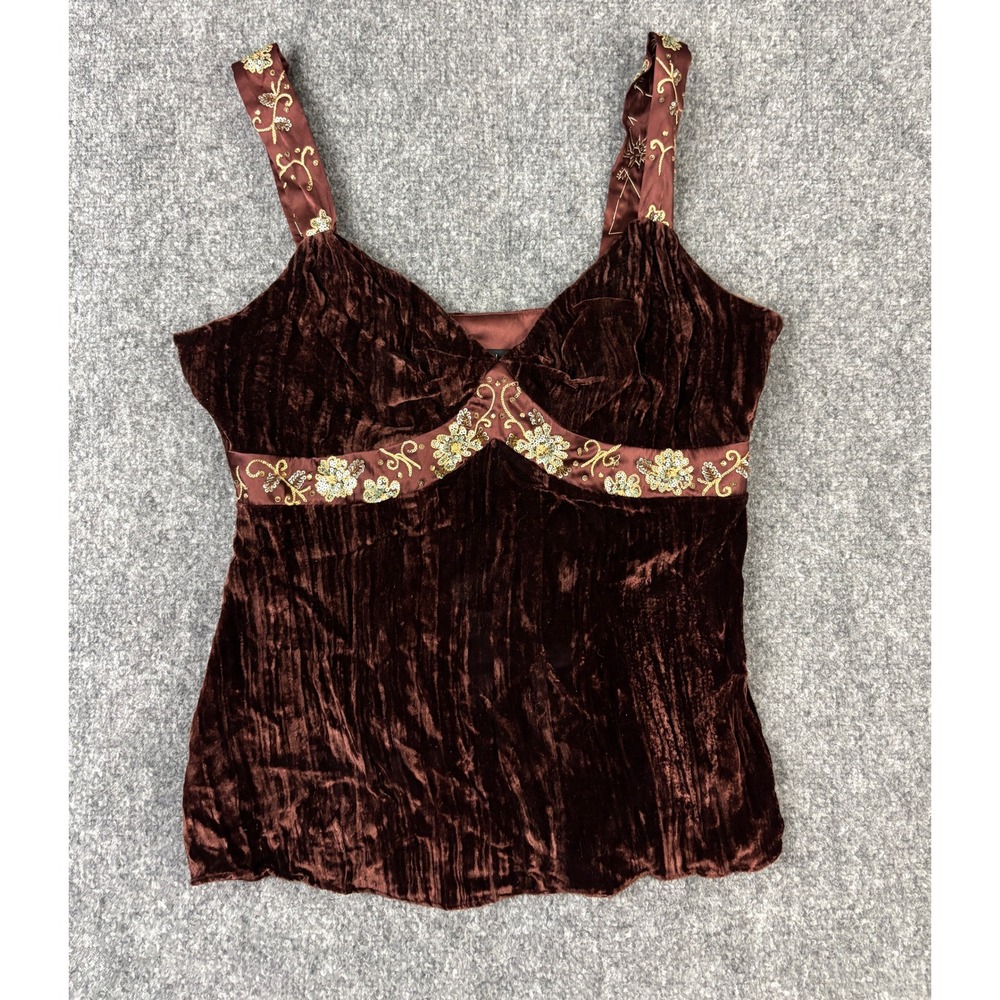ECI New York Velvet Camisole Top Medium Brown Embroidered Y2K NWT